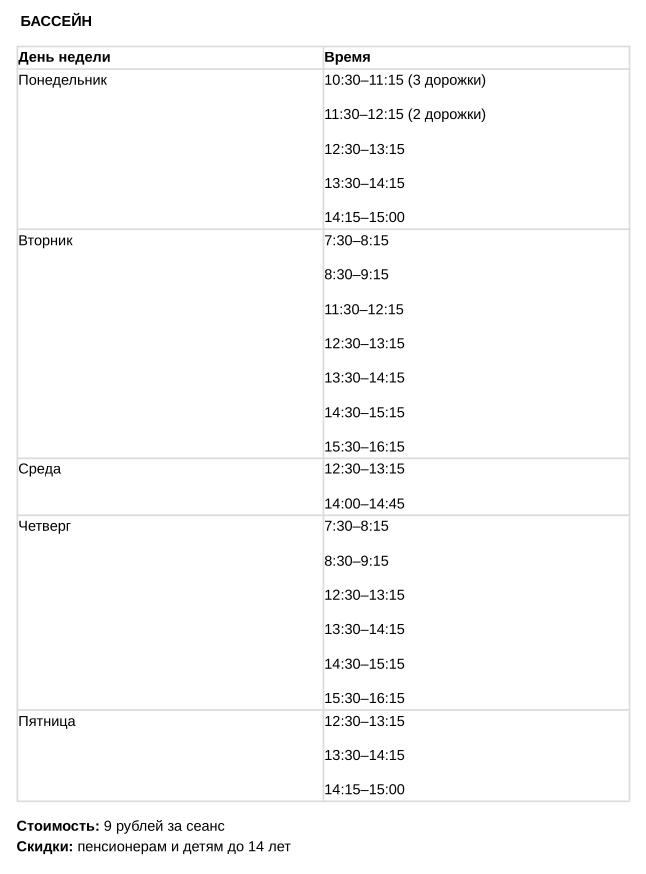Расписание бассейна